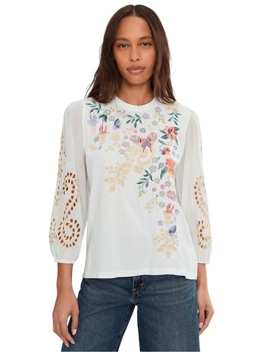 Johnny Was Arva Mixed Media Embroidered White 3/4 sleeve cotton Top Size XS EUC